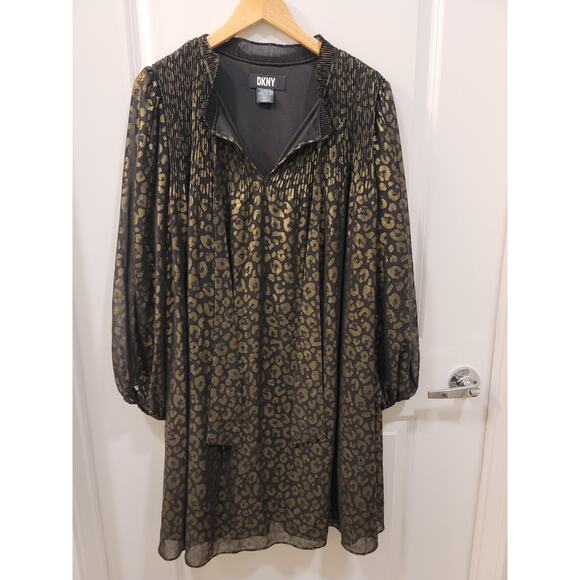 DKNY Leopard Print Tie Neck Pleated Dress - Picture 6 of 8